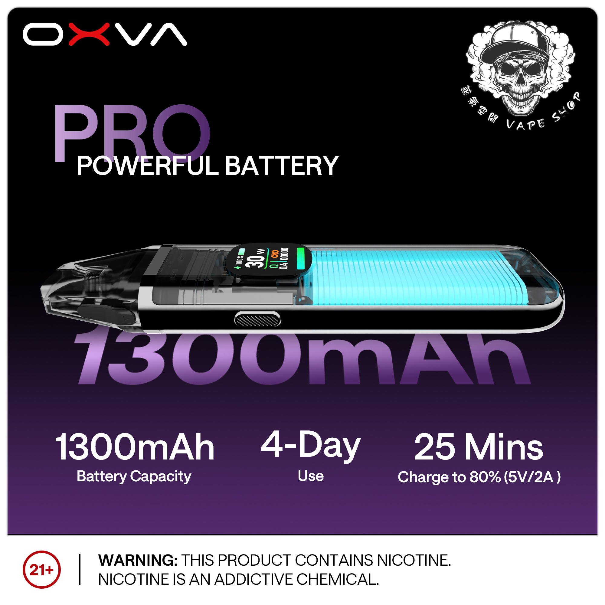 OXVA小蠻牛主機 電容量介紹1300毫安培